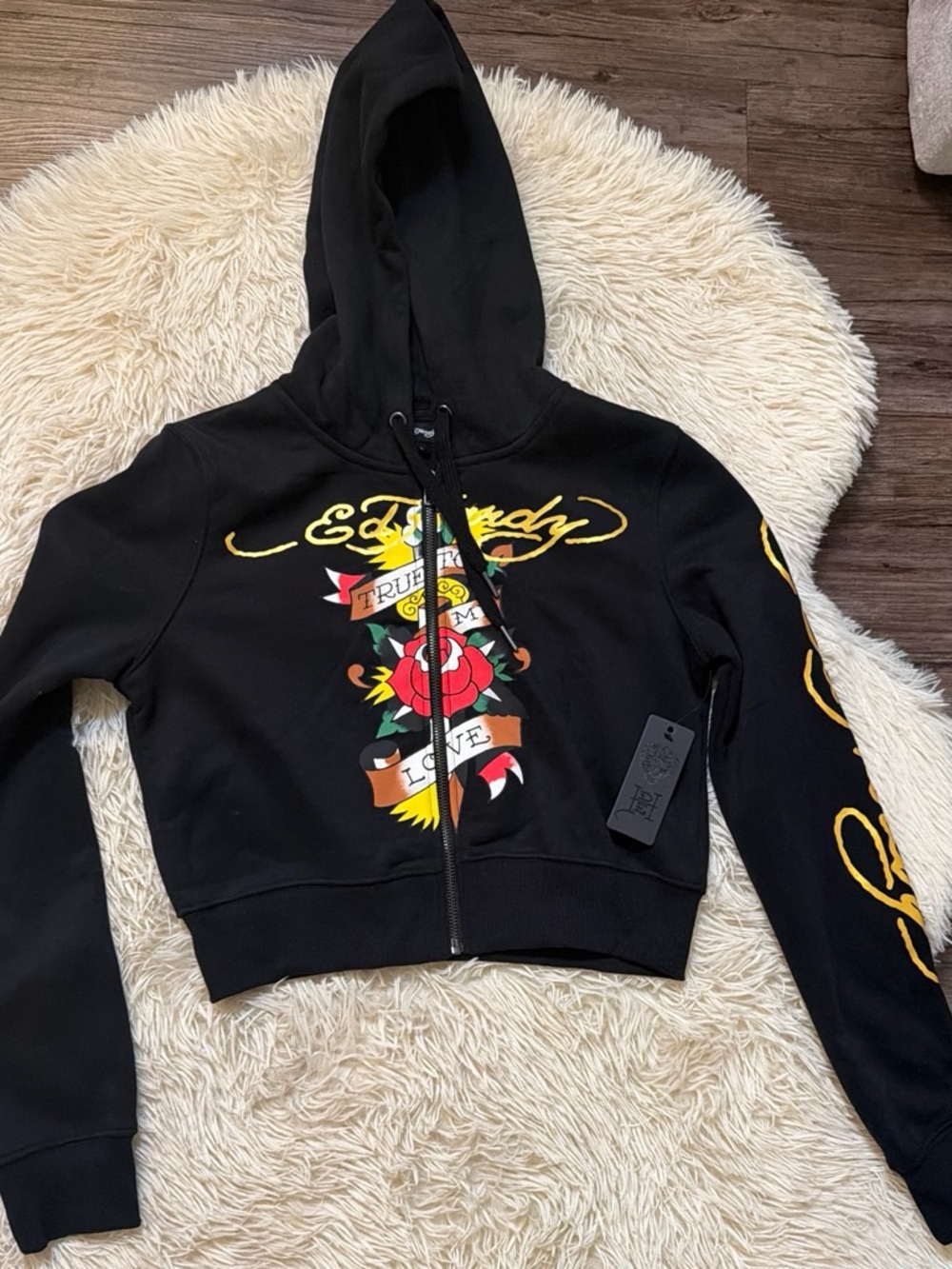 Ed Hardy Black Zip-Up Hoodie with Colorful Tattoo Rose Graphic
